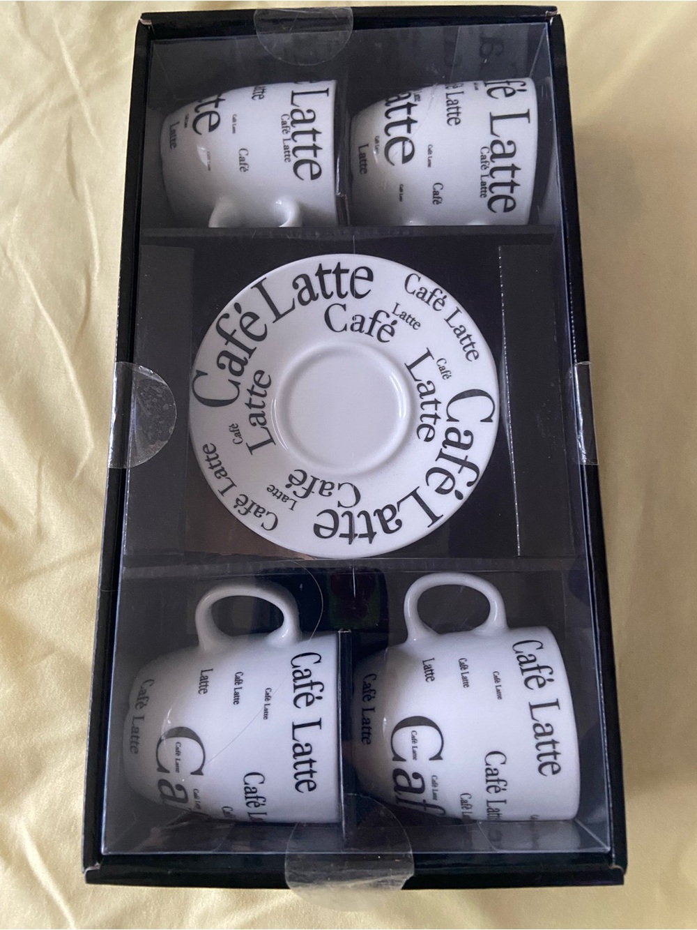 WHITE CAFE LATTE PORCELAIN ESPRESSO CUP SAUCER SET OF FOUR BLACK TYPOGRAPHY